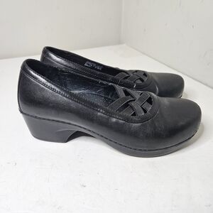 Dansko Tilda Wedge Clog Criss Cross Upper Slip On Black Leather 40 9.5 10